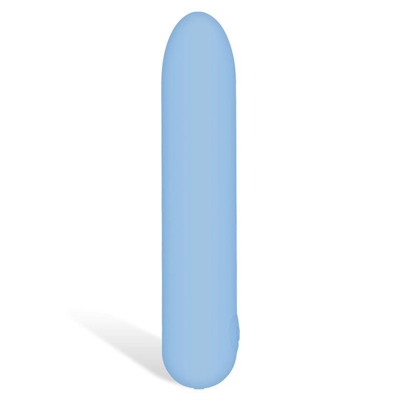 The Adam & Eve Eves Silky Sensations Rechargeable Bullet in light blue is an elongated, cylindrical silicone vibrator with rounded ends and a smooth surface. It stands upright on a white background.