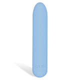 The Adam & Eve Eves Silky Sensations Rechargeable Bullet is a light blue, cylindrical silicone vibrator with a smooth surface. It features regulatory symbols near the base and casts a soft shadow on a plain white background.