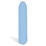 The Adam & Eve Eves Silky Sensations Rechargeable Bullet is a smooth, oval-shaped light blue silicone vibrator with a minimalist design. It stands vertically in uniform color and texture, casting a soft shadow on the left from right-side illumination.