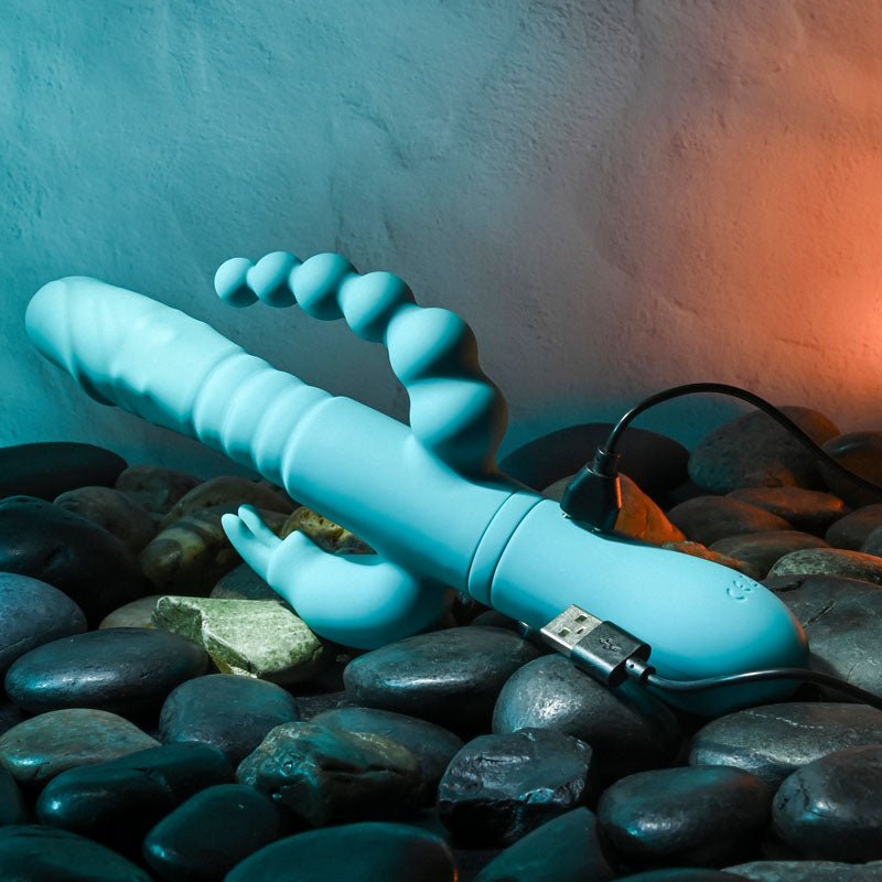 Buy Adam & Eve EVES THRUSTING TRIPLE JOY RABBIT - Teal 25 cm USB Rechargeable Thrusting Rabbit Vibe with Anal Tickler at NZ’s Mega Adult Toys Store. Discover premium sex toys with discreet shipping at the best price in NZ