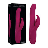 The Adam & Eve Eves Twirling Rabbit Thruster in purple offers dual stimulation with shaft control buttons and rotating beads. Its shown alongside its packaging, featuring the product name against a black backdrop.