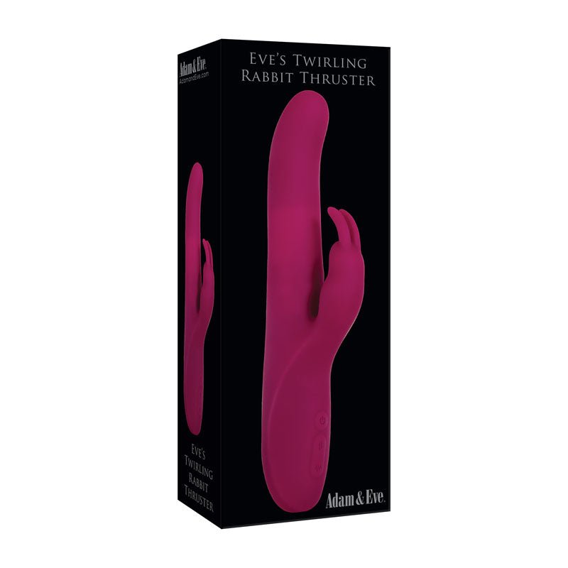 A box displays the Adam & Eve Eves Twirling Rabbit Thruster—a purple, 24.1 cm USB rechargeable thrusting rabbit vibrator with rotating, thrusting, and twirling features—against a black background. Partial view hints at its clitoral stimulation capabilities.