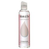 A clear bottle with a pink label displays a large water droplet and Adam & Eve Forbidden - Water Based Anal Lubricant. Ideal for sensual encounters, its latex compatible and features a flip-top cap for easy dispensing.