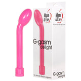 The Adam & Eve G-Gasm Delight - Pink 17.8 cm (7) vibrator, featuring multi-speed vibrations and a rounded tip, stands upright beside its packaging. The box highlights ultimate G-spot orgasms and waterproof design, offering versatile enjoyment.