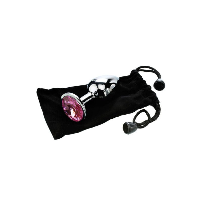 The Adam & Eve Pink Gem Anal Plug - Medium, an 8.2 cm polished aluminum medium plug with a brilliant pink faceted gemstone, comes in a sleek black drawstring pouch with round beads for discreet storage and enhanced personal temperature play experiences.