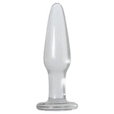 The Adam & Eve Glass Anal Training Trio features transparent borosilicate glass butt plugs with a smooth, tapered shape and flared base. Their design is streamlined, teardrop-like atop a wider cylinder, subtly reflecting light against a plain white background.