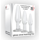 The Adam & Eve Glass Anal Training Trio features three clear borosilicate glass butt plugs of graduated sizes. The package highlights 3 graduating sizes from beginner to expert for pelvic floor muscle building and prominently displays the Adam & Eve logo in the top corner.