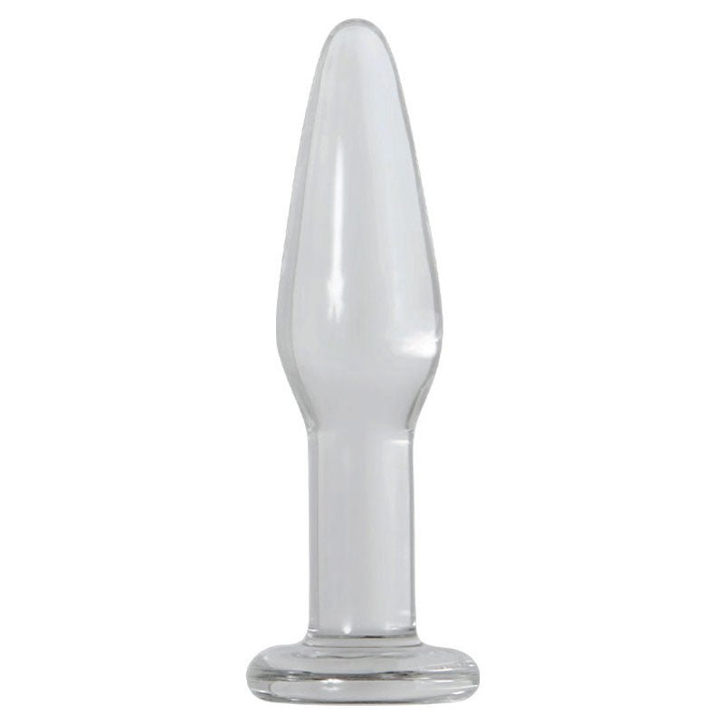 The Adam & Eve Glass Anal Training Trio, made from clear borosilicate glass, features a sleek, tapered design with a pointed tip that widens to the middle and ends with a flared base for stability. The glossy finish highlights its elegant lines beautifully against a white background.