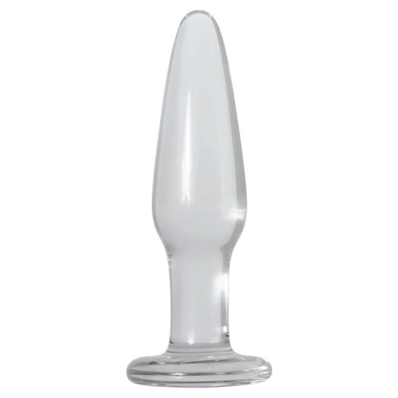 Against a white background, the Adam & Eve Glass Anal Training Trio showcases clear, tapered plugs with broad bases for stability. The translucent glass adds elegance, making these an exquisite addition to any glass plug collection.