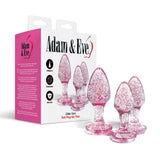 The Adam & Eve Glitter Gem 3-Piece Butt Plug Set - Pink offers a sparkling trio of glitter pink butt plugs in three sizes, each with tapered tips and gem-shaped bases. Perfect for anal training.