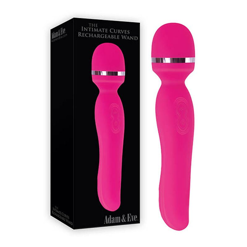 The pink Adam & Eve Intimate Curves Rechargeable Wand, 19.7 cm long with a silver accent, is displayed alongside its sleek black box featuring an image and Adam & Eve Intimate Curves Rechargeable Wand in white text. This versatile waterproof massager enhances your experience.