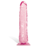 The Adam & Eve Pink Jelly Realistic Dildo stands upright against a white background, showcasing its pink, translucent, and realistic phallic shape. It features textured details, a flexible shaft, and a sturdy suction cup base for stability.