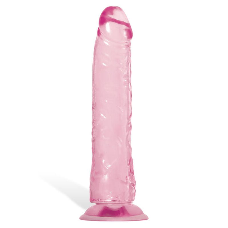 The Adam & Eve Pink Jelly Realistic Dildo - Pink 21 cm (8) Dong features a textured, realistic design with a defined head, a flexible shaft, and stands upright thanks to its suction cup base.