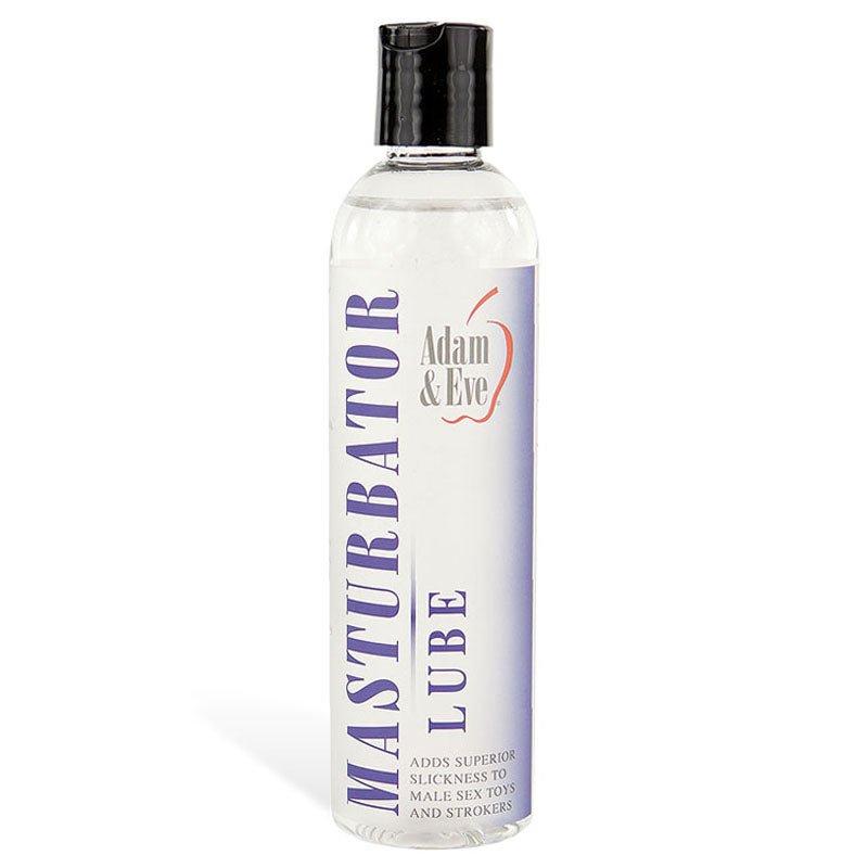 The 237 ml (8 oz) Adam & Eve Masturbator Lube bottle showcases the logo and contains a transparent, water-based lubricant. Its designed to enhance slickness with male toys and strokers, is condom-compatible for versatile use, and features a black cap against a white background.