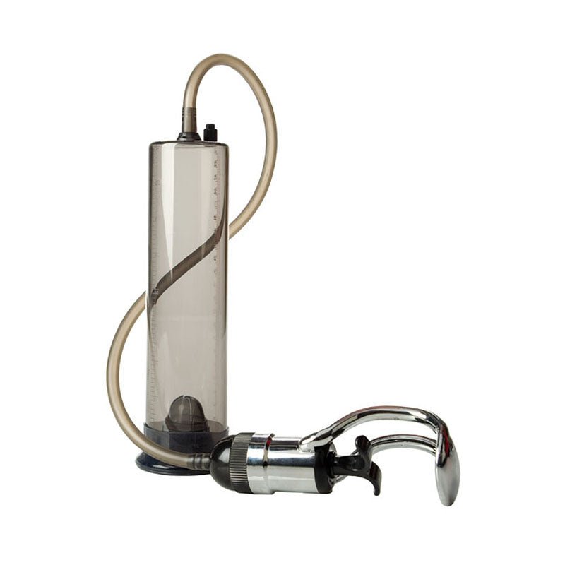 Introducing the Adam & Eve MAX RESULTS Pump: a clear cylindrical device with a hose and metallic handle for effective suction. The cylinder has measurement markings and contains a black object, while the handles curved attachment enhances its powerful suction.