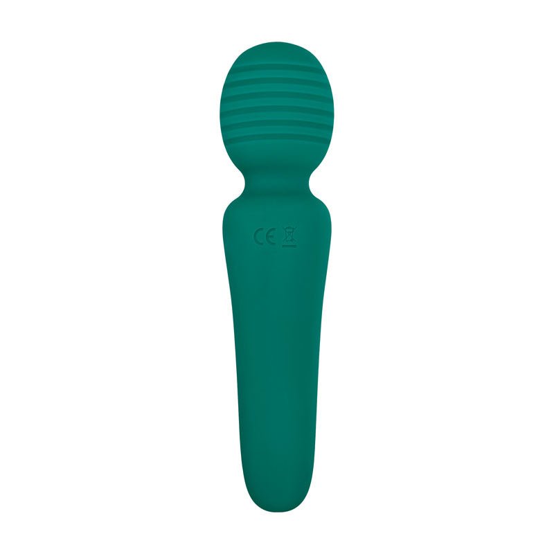 The Adam & Eve Petite Private Pleasure Wand in green, measuring 14.8 cm, features a ribbed round head and ergonomic handle offering powerful vibration. Adorned with CE markings on its neck, its crafted from soft silicone for comfortable grip and clit-pleasing use. USB rechargeable.