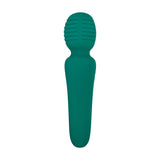 The Adam & Eve Petite Private Pleasure Wand in green features a smooth, elongated handle and a textured, bulbous head with horizontal ridges for clit-pleasing sensations. Its ergonomic and modern design is USB rechargeable, measuring 14.8 cm, set against a plain white background.