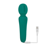 The Adam & Eve Petite Private Pleasure Wand - Green 14.8 cm, is a handheld massager featuring a ribbed, rounded head and smooth handle for powerful vibrations and an embossed power button symbol. It includes a white USB charging cable with standard USB and audio-jack style connectors.