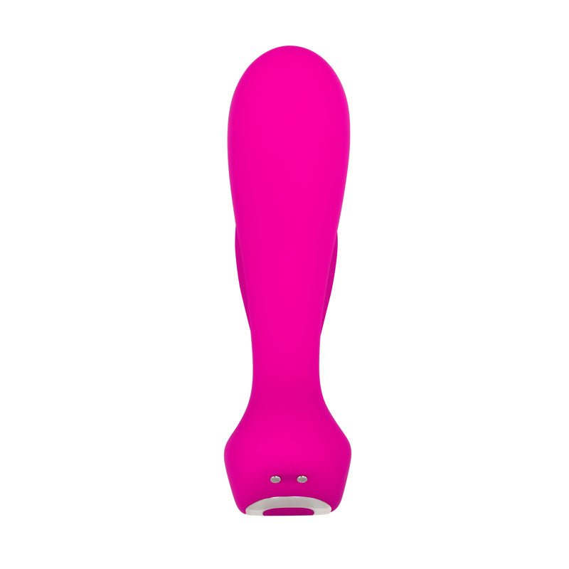 The Adam & Eve Rechargeable Dual Entry Vibe is a bright pink, smooth silicone vibrator with a rounded top and ergonomic design, featuring dual-entry use. It includes two metallic charging contacts and a white oval operational button, presented vertically against a plain white background.