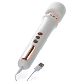 The Adam & Eve Rechargeable Magic Massager in rose gold/white features a smooth silicone head and three control buttons—minus, power, and plus—on the handle. This USB rechargeable wand connects at the base for versatile vibration functions.