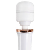 The Adam & Eve Rechargeable Magic Massager in rose gold and white features a silicone head with a rounded top, sleek handle, and accent ring below the head. This 33 cm USB rechargeable wand blends minimalist design, smooth surfaces, an elegant color scheme, and versatile vibration functions.