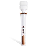 The Adam & Eve Rechargeable Magic Massager in Rose Gold/White features a silicone head and three black buttons (plus, minus, power) on an ergonomic handle. This 33 cm USB rechargeable wand offers various vibrations and casts a slight shadow on a white background.