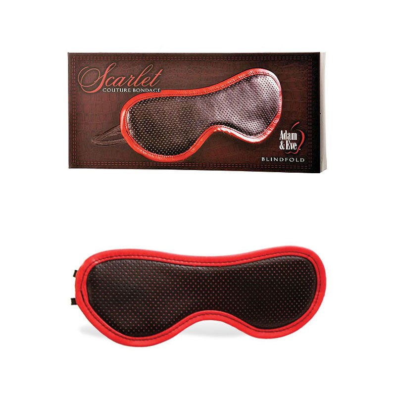 The Adam & Eve Scarlet Couture Blindfold features a vegan leather design in black with red edging and an elastic strap. Its packaging highlights Scarlet Couture Bondage and Adam & Eve Blindfold, making it ideal for bondage play with its striking color scheme.