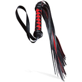 The Adam & Eve Scarlet Couture Diamond Flogger, in red and black, features a vegan leather diamond-patterned handle and glossy black lashes, ideal for exploring kinky fantasies.