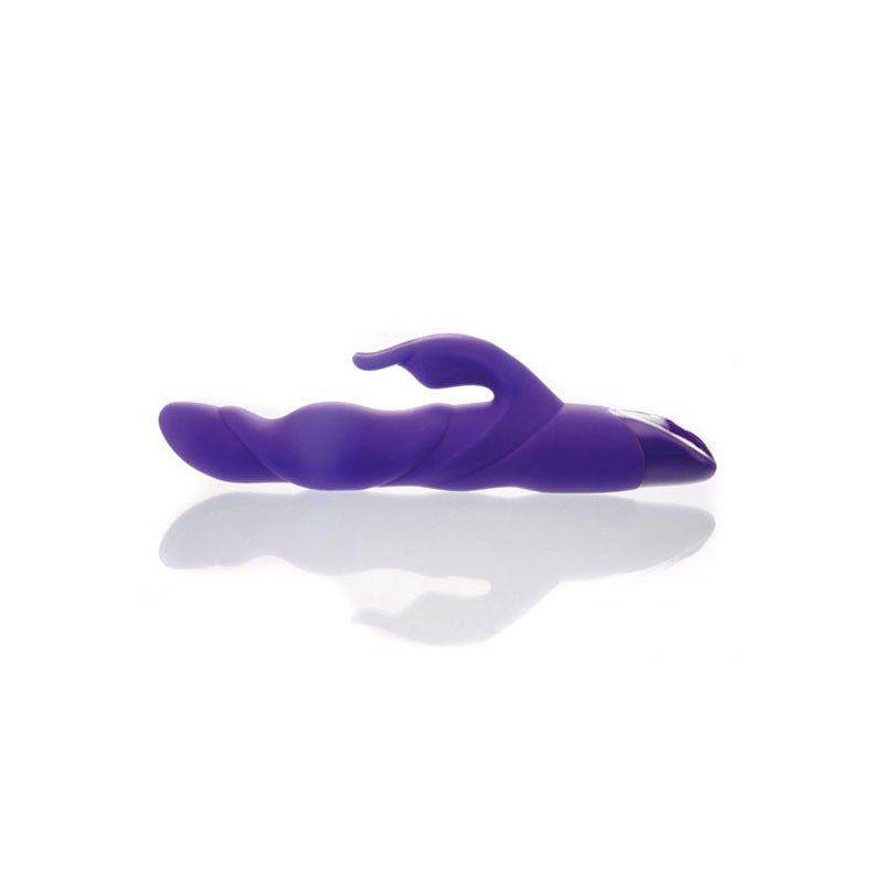 The Adam & Eve THE THRUSTER is a purple silicone 25.4 cm USB rechargeable thrusting rabbit vibrator with a curved, spiraled design and looped handle, photographed on a white background, showcasing its ergonomic shape and smooth texture for easy handling and functionality.