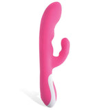 The Adam & Eve The Warming Rabbit G is a sleek, pink 21.6 cm USB rechargeable vibrator with curved silicone design, dual stimulation, white base detailing, flexible ergonomic structure, G-Spot tip, and innovative discreet shape.