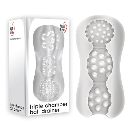 The Adam & Eve Triple Chamber Ball Drainer - Clear Masturbator Sleeve box showcases the brand logo and website, while the transparent device features textured chambers with pleasure nubs, offering varied bump sizes for exciting suction sensations.