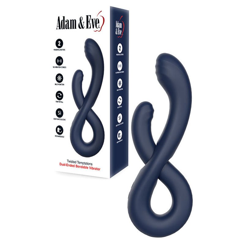 The image features the Adam & Eve TWISTED TEMPTATIONS Bendable Vibe in navy blue with a twisted figure-eight design. The packaging highlights its two powerful motors, flexible silicone material, unisex appeal, and USB rechargeable capability.