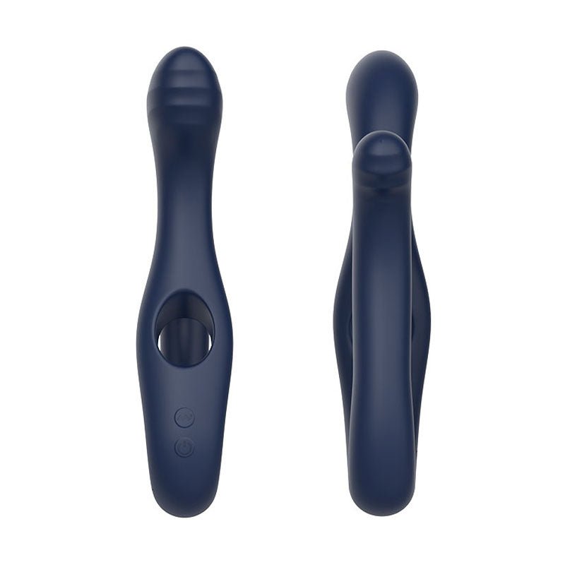 Two images showcase the Adam & Eve TWISTED TEMPTATIONS Bendable Vibe. The left highlights its curved design, handle, and buttons, while the right presents a side angle. Ribbed at the top, this unisex navy blue silicone vibrator offers a modern ergonomic look and is USB rechargeable.