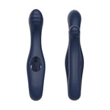 Two images showcase the Adam & Eve TWISTED TEMPTATIONS Bendable Vibe. The left highlights its curved design, handle, and buttons, while the right presents a side angle. Ribbed at the top, this unisex navy blue silicone vibrator offers a modern ergonomic look and is USB rechargeable.