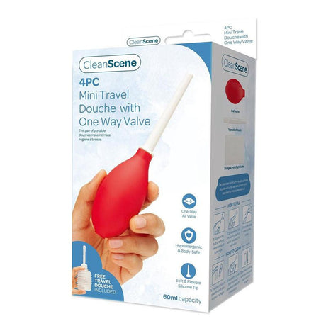 Buy CleanScene 4 Piece Mini Travel Douche with One Way Valve - 60 ml Capacity with Free Travel Douche Included at NZ’s Mega Adult Toys Store. Discover premium sex toys with discreet shipping at the best price in NZ