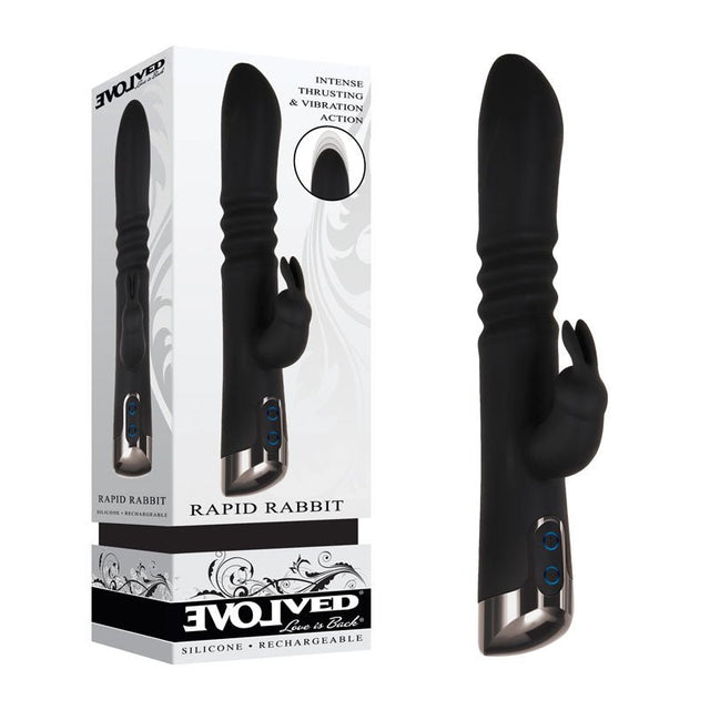 Buy Evolved Rapid Rabbit - Black 25.4 cm USB Rechargeable Thrusting Rabbit Vibrator at NZ’s Mega Adult Toys Store. Discover premium sex toys with discreet shipping at the best price in NZ