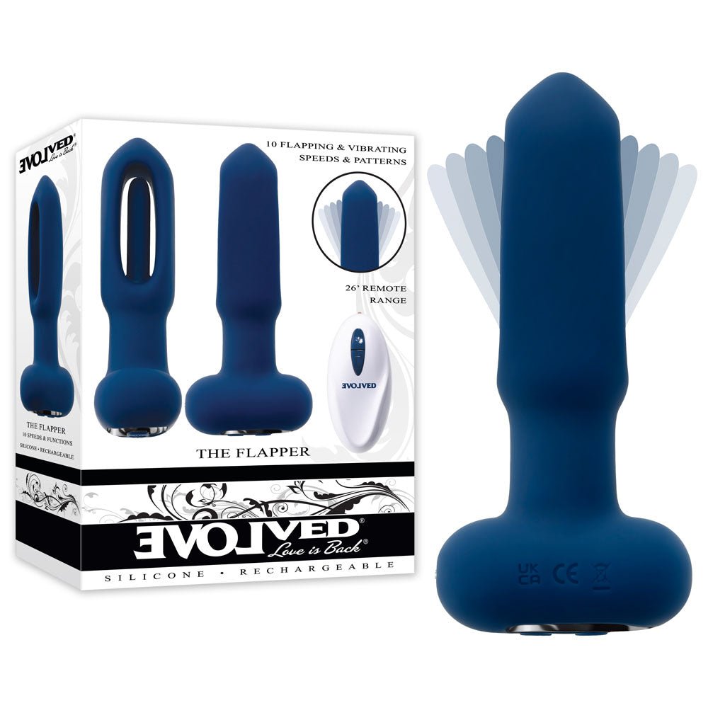 Buy Evolved THE FLAPPER - Blue 14 cm USB Rechargeable Vibrating and Flapping Butt Plug with Remote at NZ’s Mega Adult Toys Store. Discover premium sex toys with discreet shipping at the best price in NZ