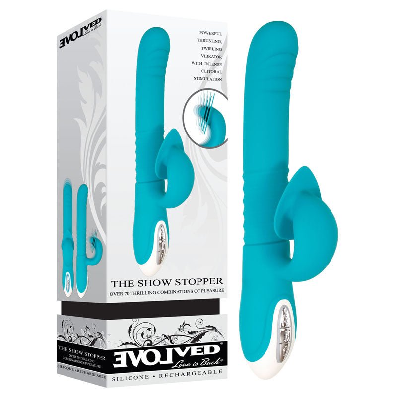 Buy Evolved The Show Stopper - Teal 23.5 cm USB Rechargeable Thrusting Rabbit Vibrator at NZ’s Mega Adult Toys Store. Discover premium sex toys with discreet shipping at the best price in NZ