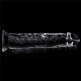 The Flawless Clear Dildo 7 from the LOVETOY Shameless Clear Series is a skin-safe, transparent toy with a phallic shape, smooth bulbous tip, textured shaft, and flat base. Its clear surface reflects subtle highlights against a black background to emphasize its design details.