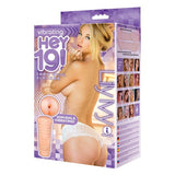 The image features the packaging of a vibrating adult product titled Hey 19! Lilly Ivy - Flesh Teen Vibrating Anal Masturbator, with stylized graphics and a photo of Lily Ivy in lingerie, showcasing anal play benefits and promising multiple orgasms through vivid images and descriptive text.