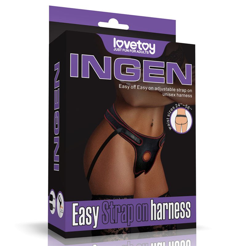 The Ingen Easy Strap-On Harness - Black Adjustable Strap-On Harness (No Probe Included) box displays a model in a black harness with red accents. The packaging, primarily black and purple, highlights its comfortable adjustable design for waist sizes 24 to 56 and features stretchable webbing.