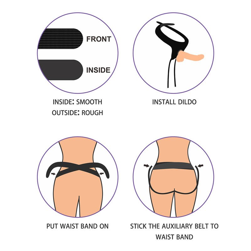 Four-step guide for the Ingen Easy Strap-On Harness: Top left shows a two-sided strap, smooth front, rough inside. Top right depicts dildo installation. Bottom left illustrates wearing the stretchable waistband; bottom right shows auxiliary belt fastening.