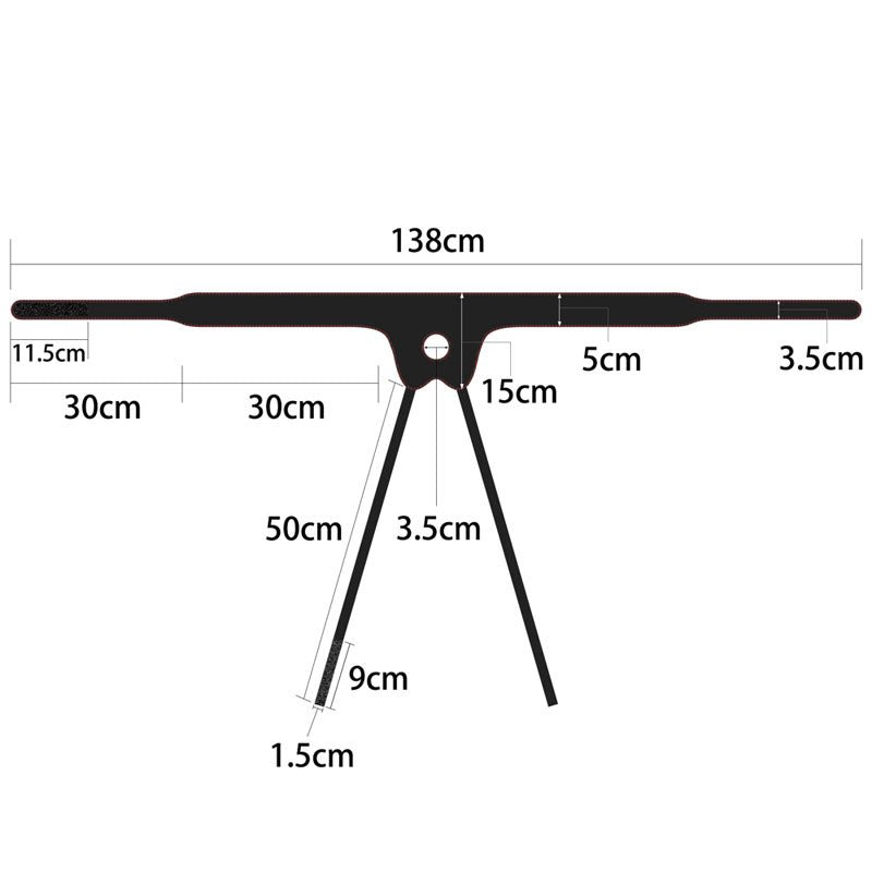 Diagram of the Ingen Easy Strap-On Harness - Black Adjustable Strap-On Harness shows a horizontal bar 138cm x 11.5cm and vertical support of 50cm with flexible webbing. Two angled legs, each 30cm, splay at 9cm and 1.5cm from the center, with connector marks at 5cm and 3.5cm.