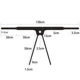 Diagram of the Ingen Easy Strap-On Harness - Black Adjustable Strap-On Harness shows a horizontal bar 138cm x 11.5cm and vertical support of 50cm with flexible webbing. Two angled legs, each 30cm, splay at 9cm and 1.5cm from the center, with connector marks at 5cm and 3.5cm.