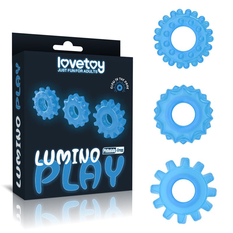 Buy Lumino Play Penis Rings 3 Pack - Glow in the Dark Blue Cock Rings - Set of 3 at NZ’s Mega Adult Toys Store. Discover premium sex toys with discreet shipping at the best price in NZ