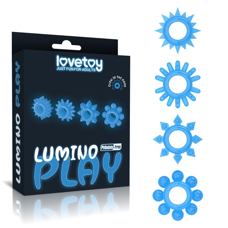 Buy Lumino Play Penis Rings 4 Pack - Glow in the Dark Blue Cock Rings - Set of 4 at NZ’s Mega Adult Toys Store. Discover premium sex toys with discreet shipping at the best price in NZ