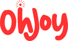 Red, playful text logo spelling Oh Joy with rounded, lowercase letters. The dot above the j is styled as a sunburst with short lines radiating outward, adding a whimsical touch. The text has a casual, handwritten appearance.