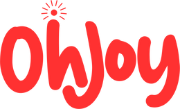 Red, playful text logo spelling Oh Joy with rounded, lowercase letters. The dot above the j is styled as a sunburst with short lines radiating outward, adding a whimsical touch. The text has a casual, handwritten appearance.