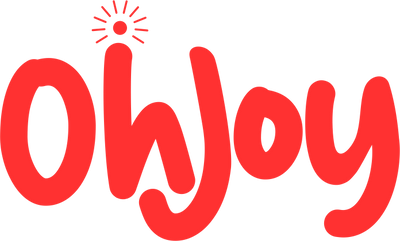 Red, playful text logo spelling Oh Joy with rounded, lowercase letters. The dot above the j is styled as a sunburst with short lines radiating outward, adding a whimsical touch. The text has a casual, handwritten appearance.