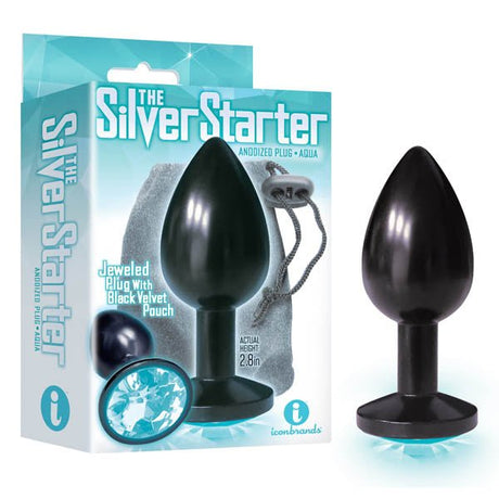 Buy The Silver Starter - Anodised Black 7.1 cm (2.8'') Butt Plug with Aqua Round Jewel at NZ’s Mega Adult Toys Store. Discover premium sex toys with discreet shipping at the best price in NZ